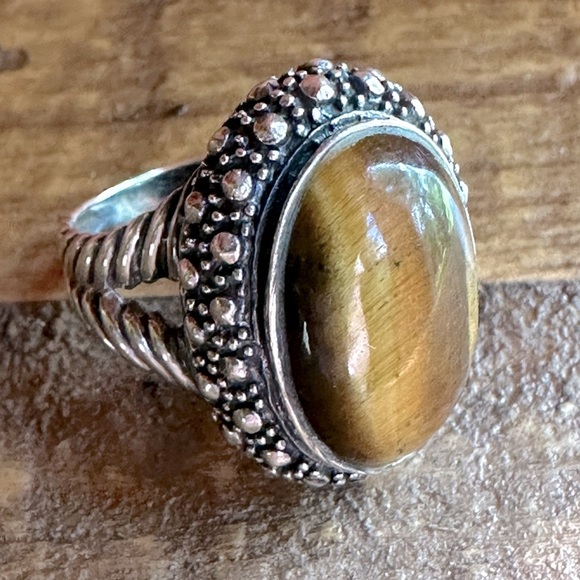 Estate Jewelry - Vintage Tigers Eye Sterling Silver 925 Statement Ring Rope Details Boho Bohemian